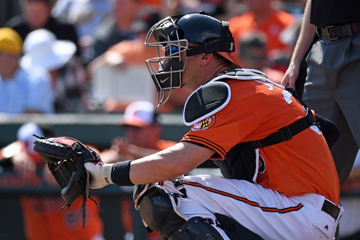Baltimore Orioles catcher Caleb Joseph in his catching crouch.