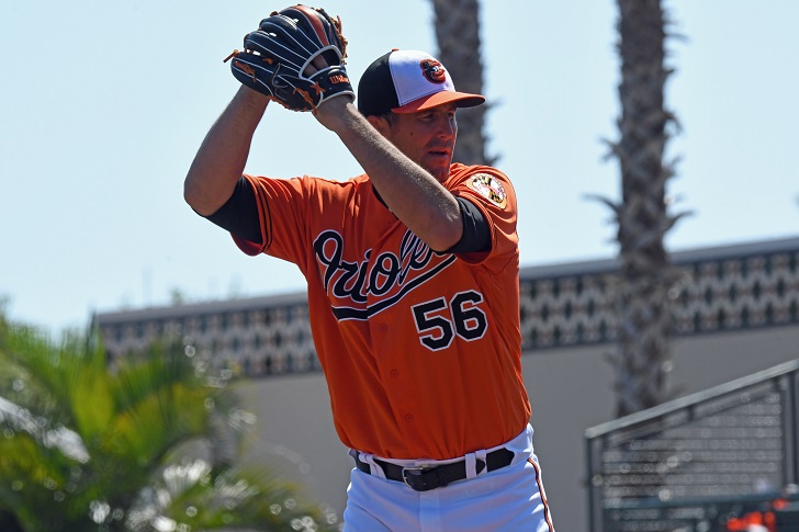 Darren O'Day of the Orioles enters his windup.