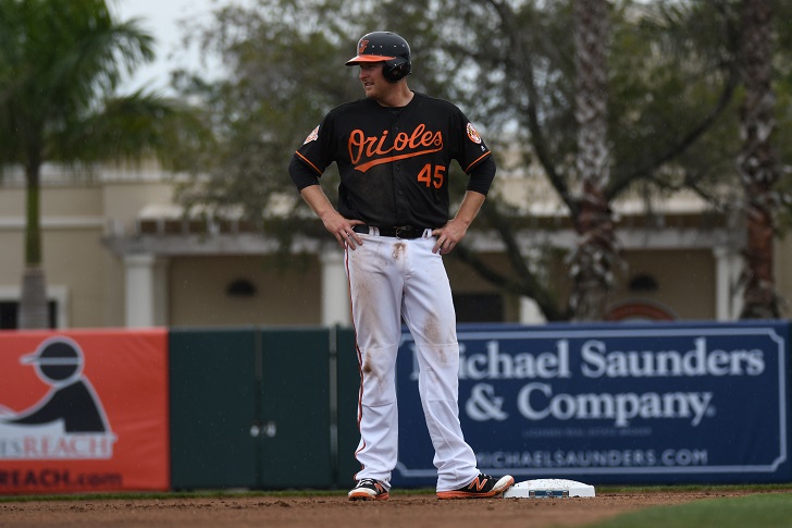 Mark Trumbo of the Orioles stands on the base.