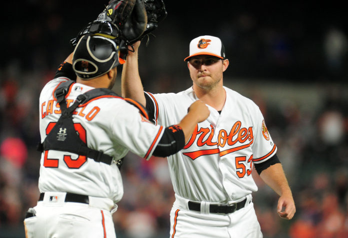 Zach Britton and Welington Castillo of the Baltimore Orioles high five after a win.