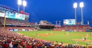 Nighttime shot of Great American Ballpark in Cincinnati.