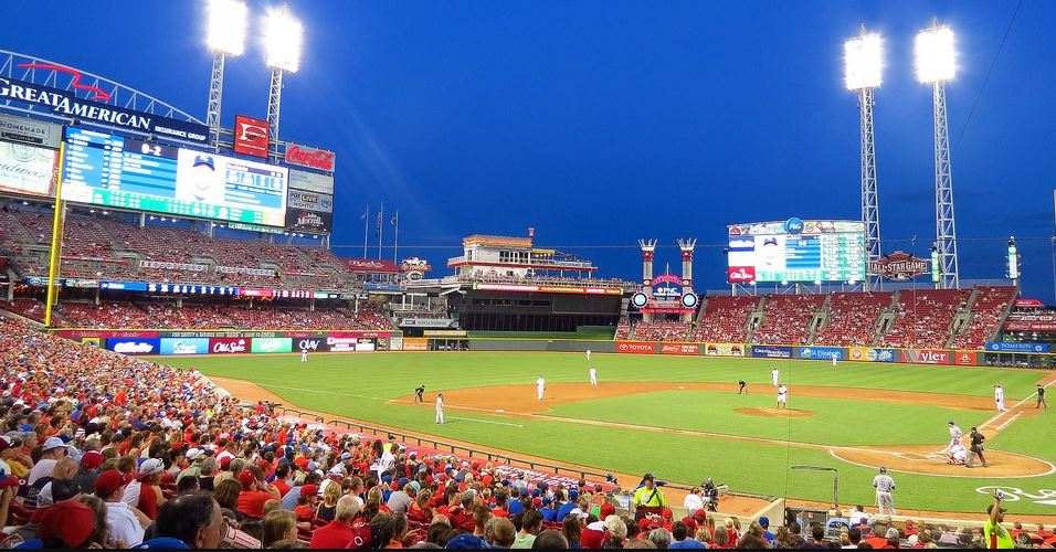 Nighttime shot of Great American Ballpark in Cincinnati.