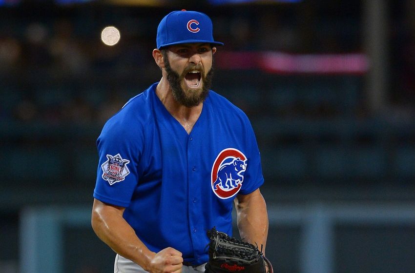 Jake Arrieta of the Cubs screams and gets pumped up.