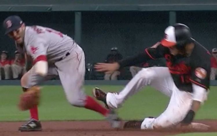 Manny Machado slides into Red Sox 2B Dustin Pedrioa at second base.