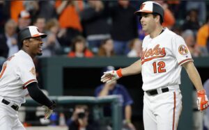 Seth Smith and Adam Jones of the Orioles give each other five.