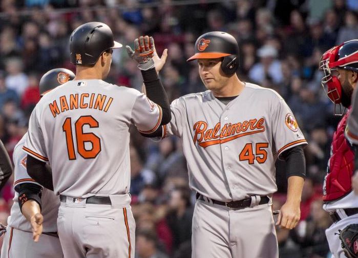 Mark Trumbo and Trey Mancini of the Baltimore Orioles high five after a home run.