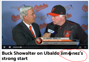 Jim Hunter interviews Buck Showalter with words underneath.