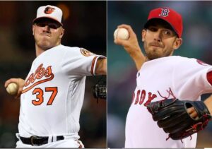 side-by-side of Dylan Bundy and Rick Porcello pitching.