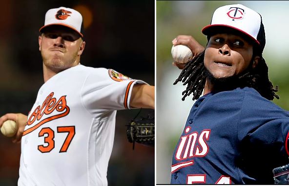 Side-by-side shots of Dylan Bundy and Ervin Santana pitching.