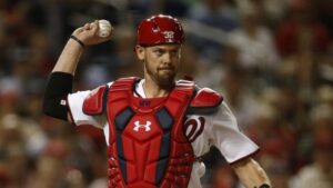 Matt Wieters of the Nationals throws in his catcher's gear.