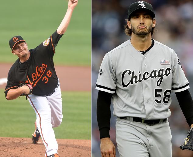 Side-by-side of Wade Miley pitching and Miguel Gonzalez walking off the mound.
