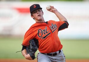 D.L. Hall pitches in an Orioles uniform.