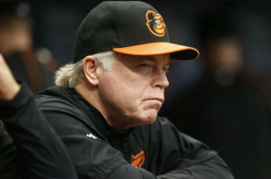 Buck Showalter scowls from the dugout.