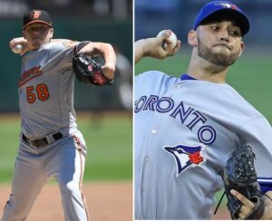 The Orioles Jeremy Hellickson and the Blue Jays Marco Estrada pitch side by side.