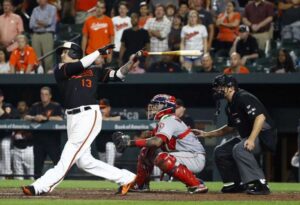 Manny Machado watches a home run fly.