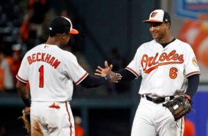 Tim Beckham and Jonathan Schoop of the Orioles high five each other.