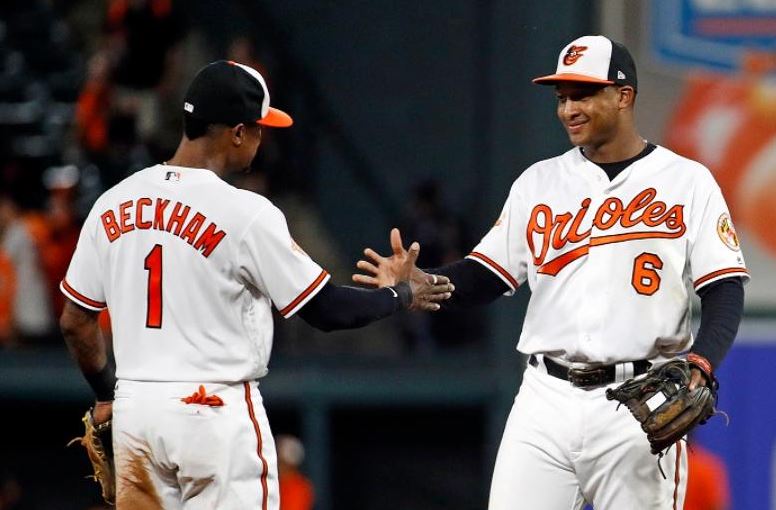 Tim Beckham and Jonathan Schoop of the Orioles high five each other.
