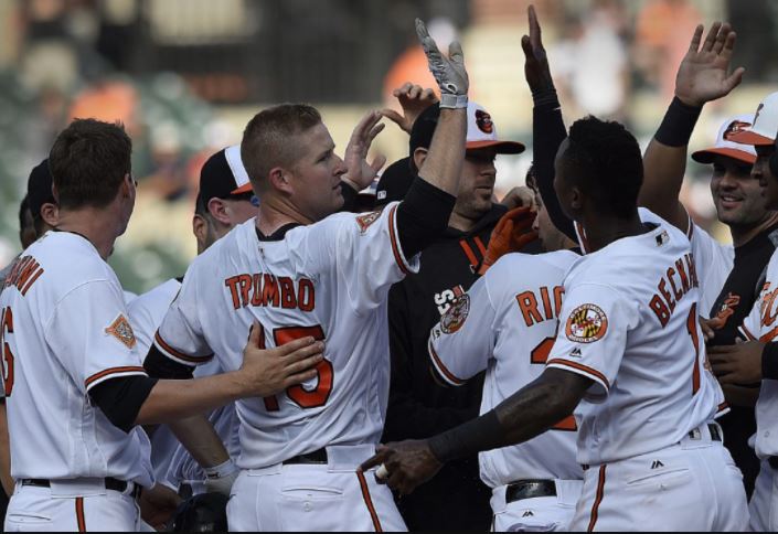 Mark Trumbo and his Orioles teammates celebrate a walk-off.