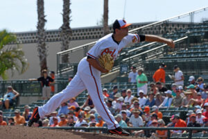 Richard Bleier throws from the mound.