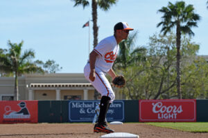 Luis Sardinas plays third base in front of palm trees.