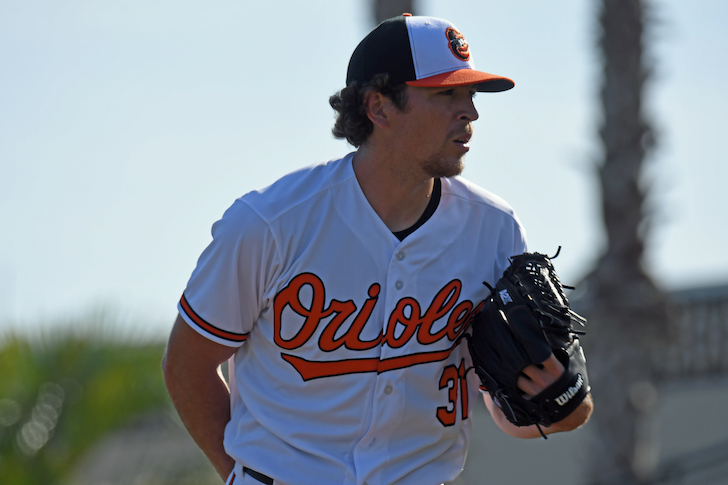 Orioles pitcher Jimmy Yacabonis on the mound.