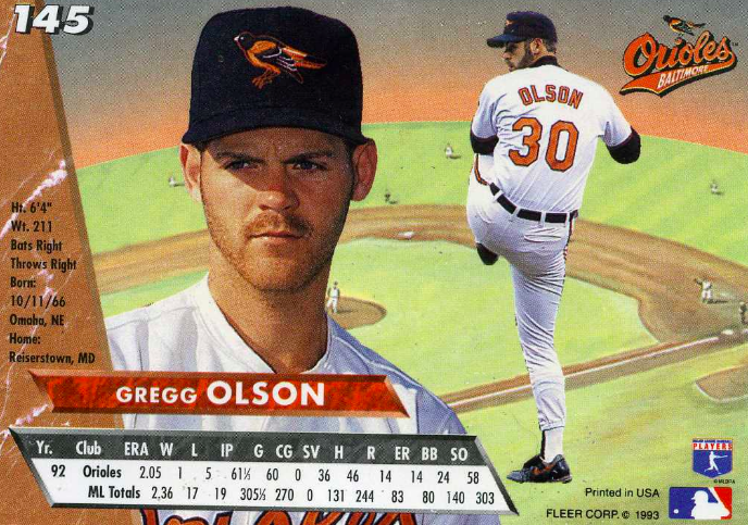Gregg Olson baseball card.