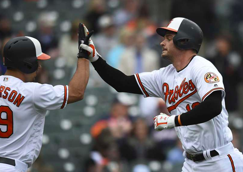 Trey Mancini and Jace Peterson high five.