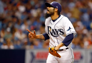 Sergio Romo of the Rays walks off the mound.