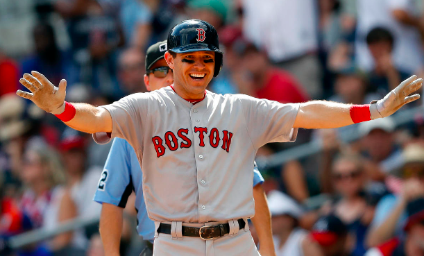 Ian Kinsler of the Red Sox celebrates.