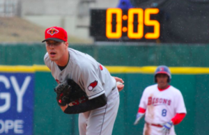 A MiLB pitcher on the mound with a pitch clock behind him.