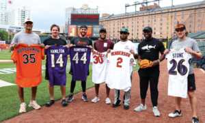 Orioles Ravens first pitch Hamilton Stone Rutschman Henderson